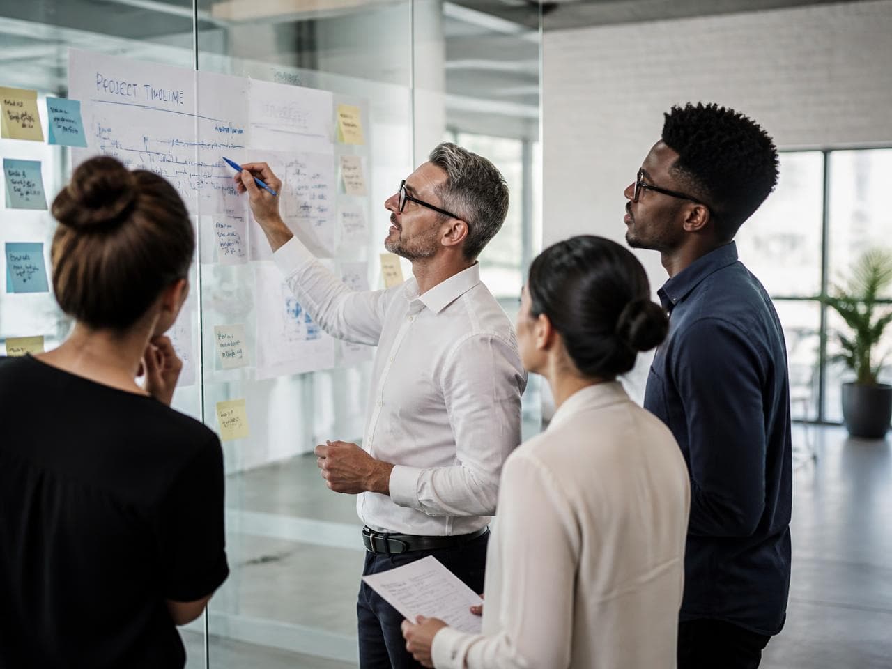 FocusBeZ consulting team reviewing a project timeline on a glass planning wall